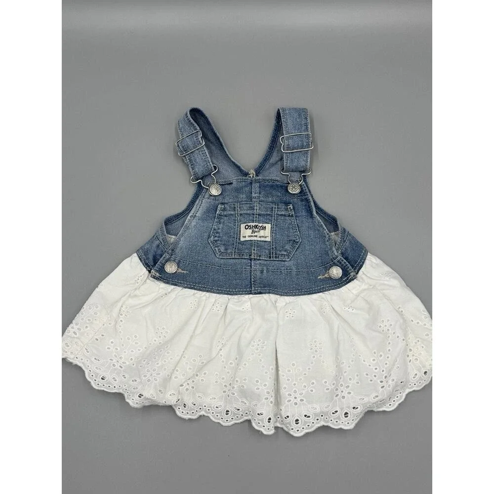 OshKosh B'gosh Baby Girl Denim Overall Dress Eyelet Skirt 6M